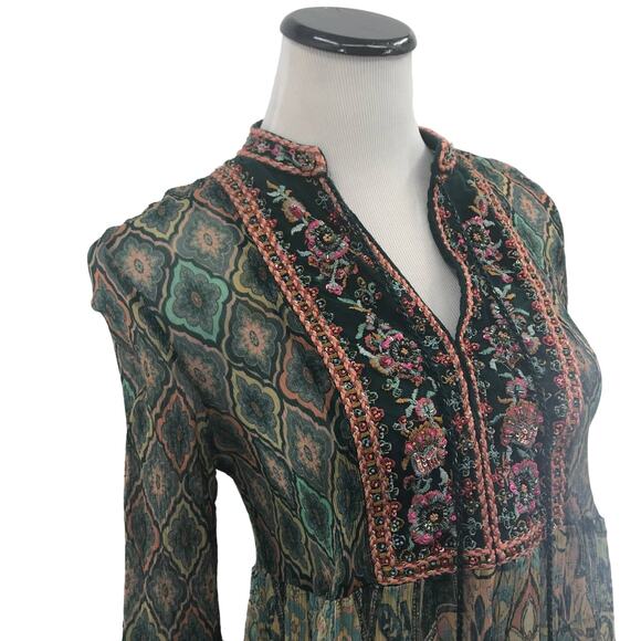Soft Surroundings Shira Green Embroidered Tassel Neck Top - Picture 5 of 10
